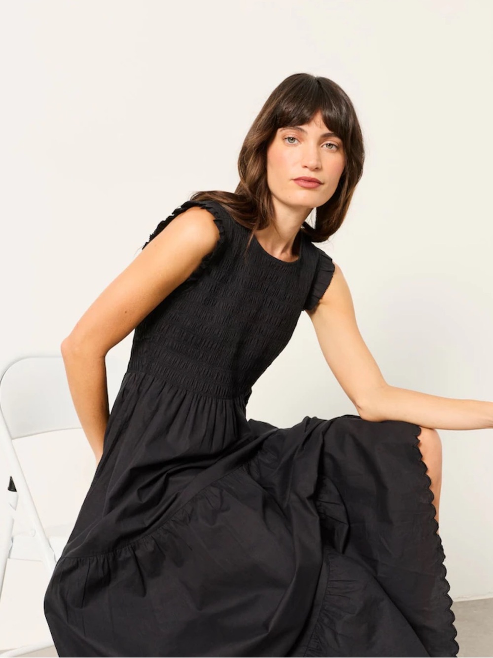 GAP Black Smocked Maxi Dress with Ruffle Shoulders & Cut Out Back